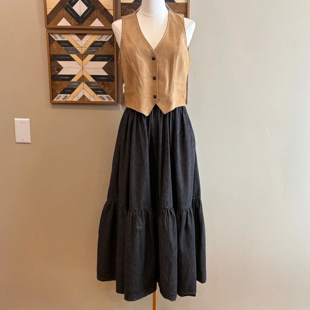 Vintage Ralph Lauren Blue Label 80s Black Denim Tiered Peasant Maxi Skirt sz 10 - Picture 11 of 15